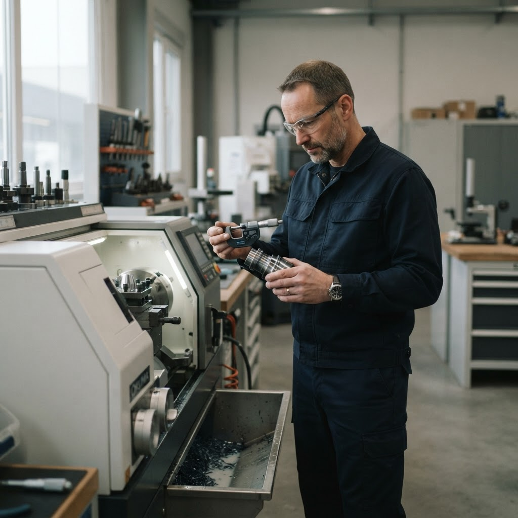Technician operating a CNC machine and inspecting a precision metal part at a small European manufacturing workshop